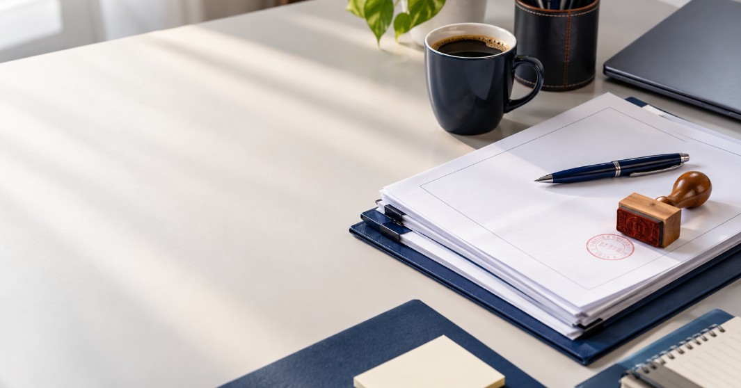 Mesa de trabalho com documentos, caneta e carimbo